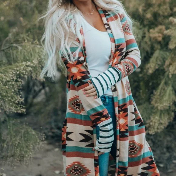 Aztec Southwest Western Multicolor Geometric Open Front Long Cardigan w/pockets - Picture 10 of 11
